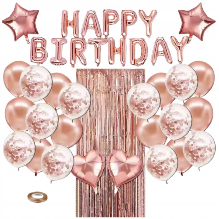 Zestaw dekoracji urodzinowych Rose Gold Happy Birthday – 40 elementów, balony foliowe, kurtyna i ozdoby w kolorze różowego złota.