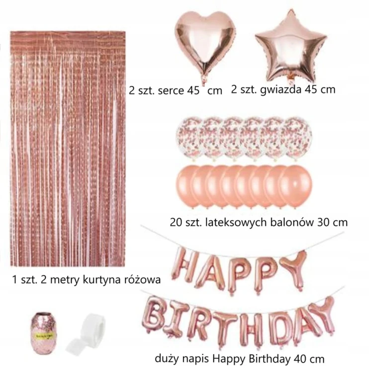 Zestaw Happy Birthday Rose Gold – kurtyna dekoracyjna, balony foliowe w kształcie serc i gwiazd oraz napis urodzinowy.