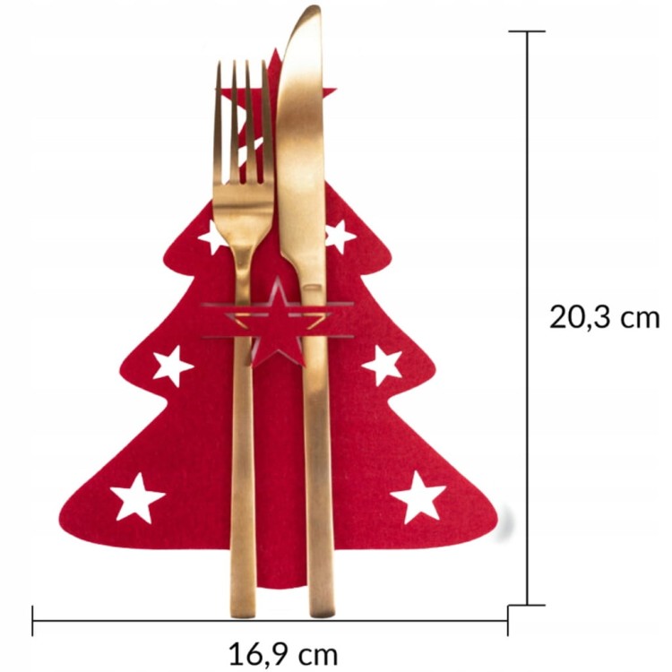 Czerwone etui na sztućce choinka – wysokość 20 cm i szerokość 17 cm, dekoracyjny filcowy pokrowiec.